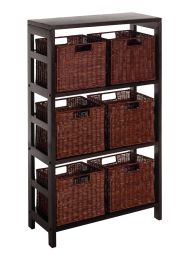 Leo 7-Pc Storage Shelf with 6 Wicker Baskets, Espresso and Walnut