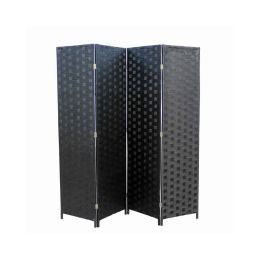 Paper Straw Weave 4 Panel Screen with 2 Inch Wooden Legs, Black