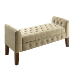 Velvet Upholstered Button Tufted Wooden Bench Settee With Hinged Storage, Beige and Brown