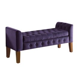 Velvet Upholstered Button Tufted Wooden Bench Settee With Hinged Storage, Purple and Brown