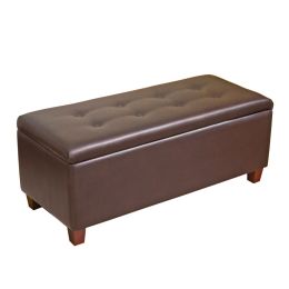 Leatherette Upholstered Wooden Bench With Button Tufted Hinged Top Storage, Brown