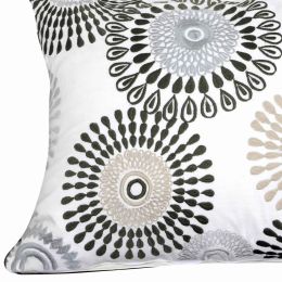 20 X 16 Inch Cotton Pillow with Floral Embroidery, Set of 2, White and Gray
