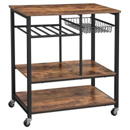 Caster Supported Wood and Metal Kitchen Cart with 3 Shelves,Brown and Black