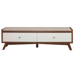 Fabric Upholstered Wooden Bench with 2 Drawers, Brown and White