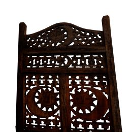 Hand Carved Sun And Moon Design Foldable 4 Panel Wooden Room Divider, Brown